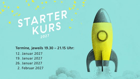 Es handelt sich um eine Grafik: Vor türkisem Hintergrund steht links »Starterkurs 2027« sowie Daten und Uhrzeiten (siehe Haupttext). Darüber sind Vögel abgebildet. Rechts startet gerade eine Rakete.