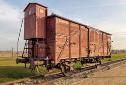 Der Güterwagen erinnert in Auschwitz an die Deportation von Millionen Menschen in den Tod. Die Reisegruppe legte hier Rosen und Grablichter ab.