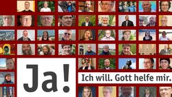 Collage aus vielen Porträtfotos von Personen vor rotem Hintergrund mit dem Text 'Ja! Ich will. Gott helfe mir.' in schwarzer Schrift auf weißem Grund