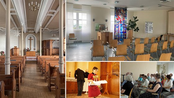 Fotocollage zum Umzug der EmK-Gemeinde Werdau: Links das Innere der Eben-Ezer-Kirche mit Bänken, Altar, Kanzel und Orgel, rechts oben die Kapelle der Pleißentalklinik; darunter zwei Szenen vom Abschiedsgottesdienst und der Andacht am neuen Ort.