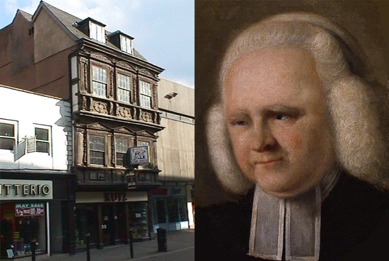 George Whitefields Geburtshaus »Bell Inn« in Gloucester (links) und Portrait George Whitefields aus seinem Todesjahr (1770, Öl auf Leinwand von John Russell)