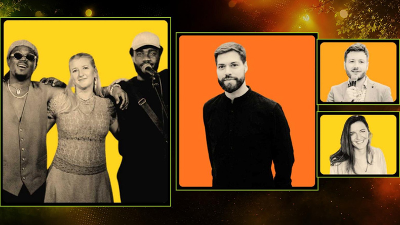 Rise’n’Shine und Jonnes bringen Afrobeats, Reggae, African Gospel und poetische Songs auf die Bühne. Gespräche über Nachhaltigkeit und neue Wege sowie Angebote für Familien ergänzen den Festivaltag. Porträtcollage vor gelben und orangefarbenen Flächen: Links stehen drei Bandmitglieder beieinander, in der Mitte ein Sänger in schwarzem Oberteil. Rechts ist oben ein Mann mit Mikrofon und darunter eine lächelnde Frau zu sehen.
