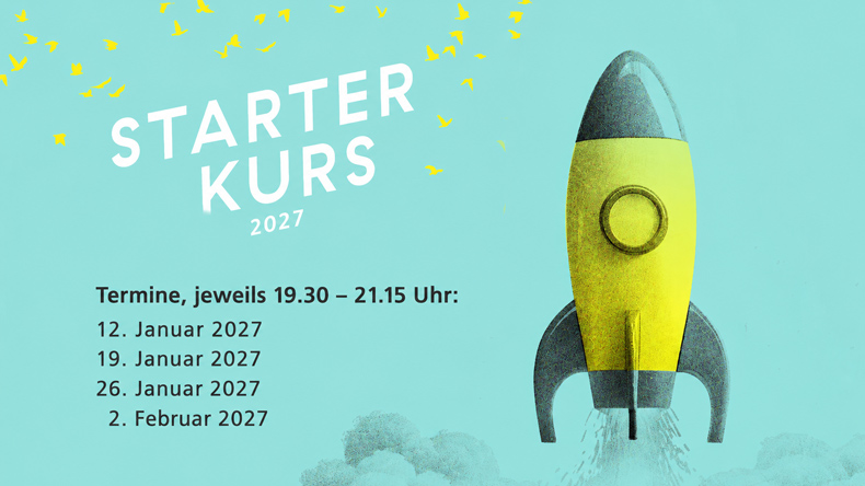 Mit dem Gründergeist-Starterkurs 2027 lädt ein ökumenisches Netzwerk ein, neue Formen von Kirche kennenzulernen. An vier Online-Abenden im Januar und Februar stehen Praxisbeispiele und Austausch im Mittelpunkt. Es handelt sich um eine Grafik: Vor türkisem Hintergrund steht links »Starterkurs 2027« sowie Daten und Uhrzeiten (siehe Haupttext). Darüber sind Vögel abgebildet. Rechts startet gerade eine Rakete.